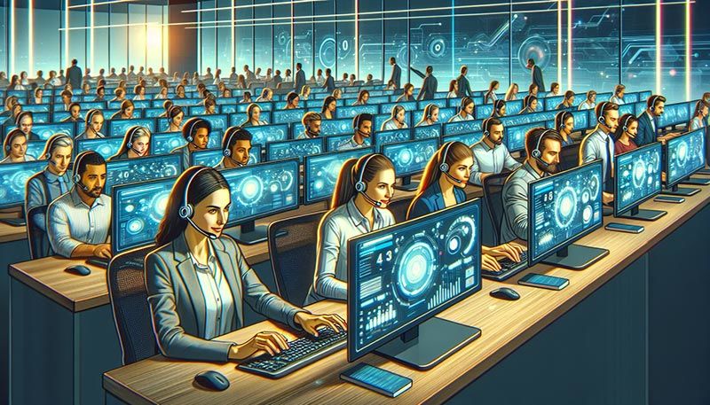 Illustration of call center agents using predictive dialing software