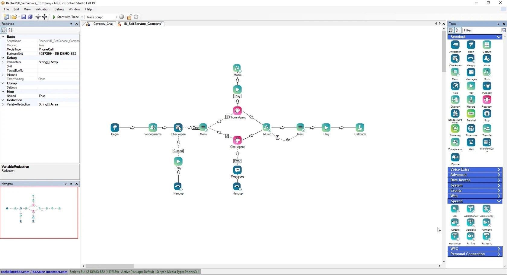 Screen shot of NICE inContact CXone IVR integrated voice self-service program