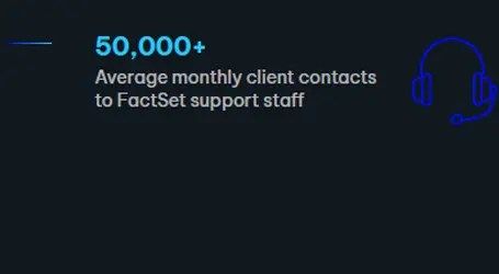 "50,000+ Average monthly client contacts to FactSet support staff" text with a headset icon on a dark background.