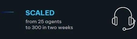 Text: "SCALED from 25 agents to 300 in two weeks." Icon: Headset.