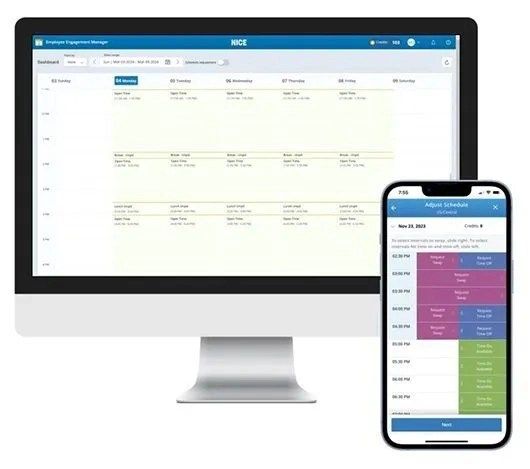 A computer monitor and smartphone display a scheduling interface for employee engagement management, showing weekly and daily schedules.