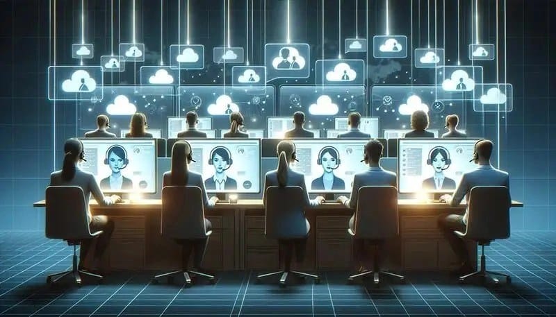 Illustration of a virtual call center with remote employees and cloud-based software