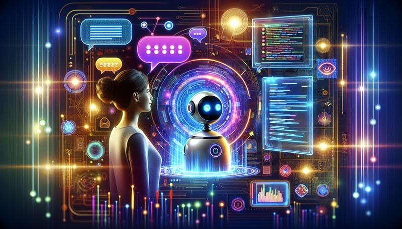 An artistic representation of customer interactions with AI chatbots using natural language processing.