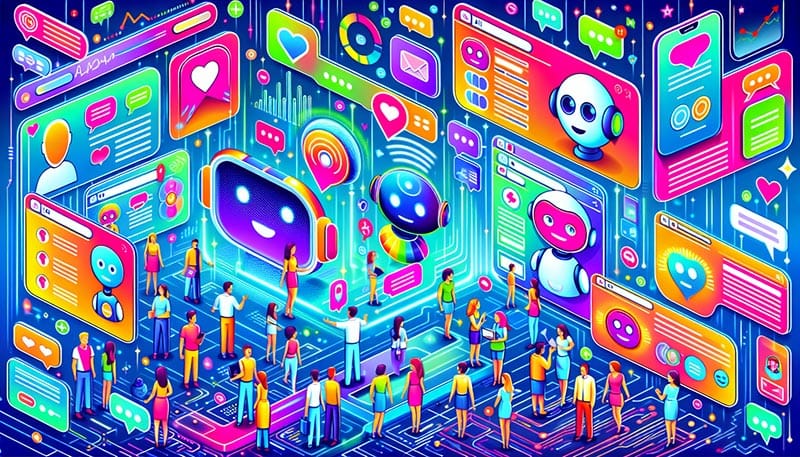 An illustration depicting various AI chatbots for self service interacting with customers.