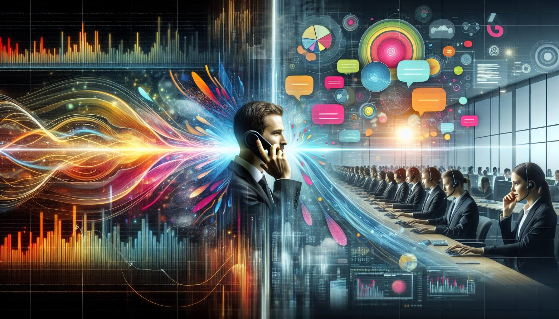 Illustration showcasing different types of contact center performance analytics, including speech and text analytics.