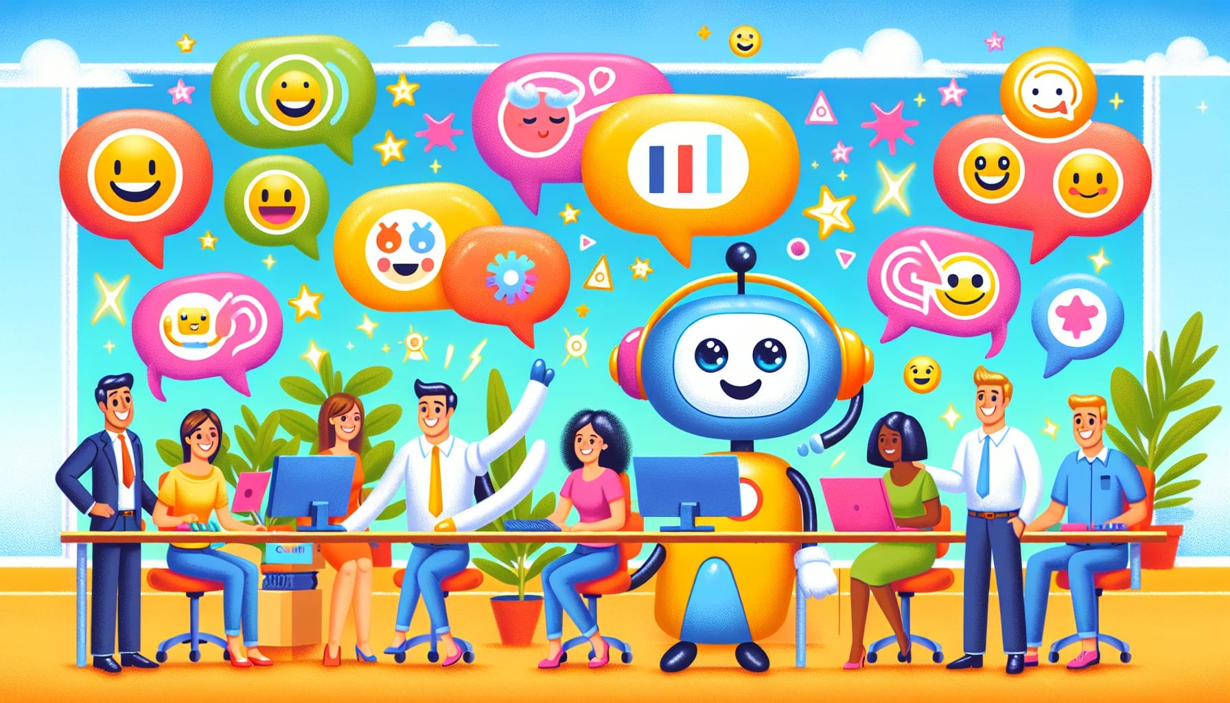 A cartoon showing AI-powered QA integration with CRM systems in customer service.