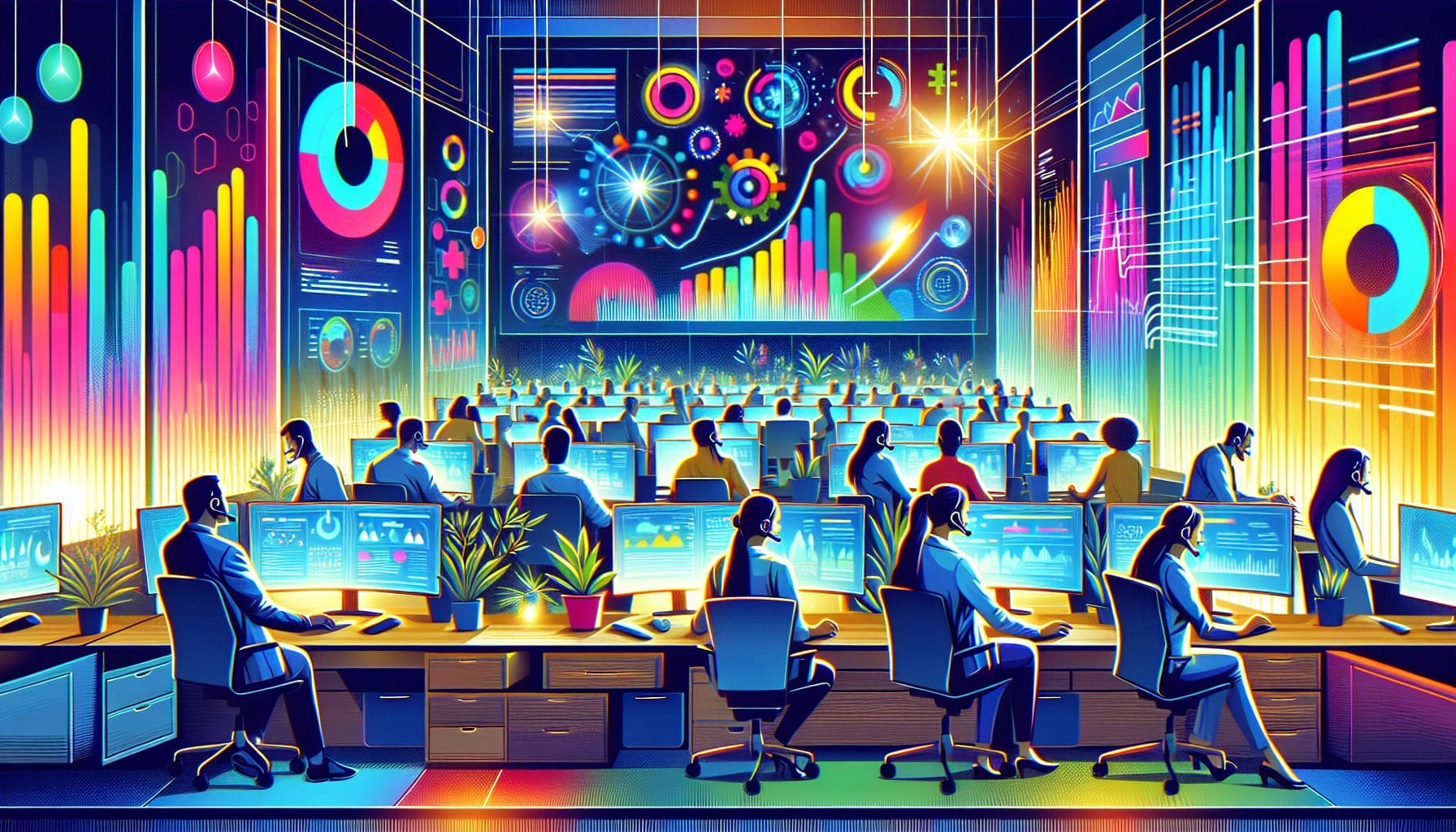 An illustration depicting real-time analytics for contact centers.